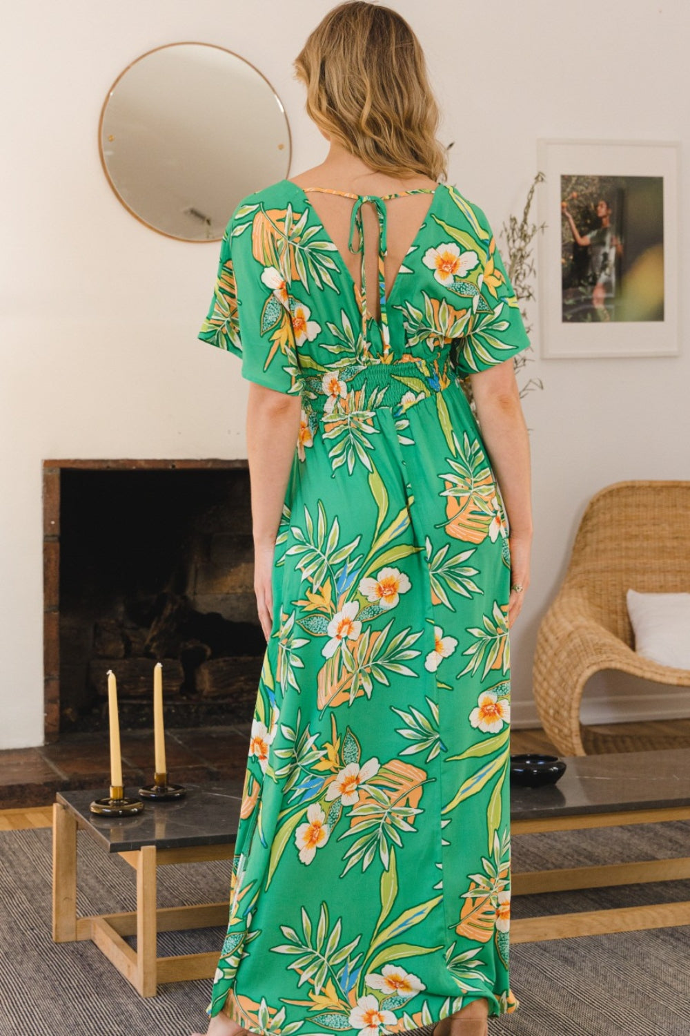 ODDI Full Size Floral Smocked Tied Back Maxi Dress-Teresa&#39;s Fashionista LLC