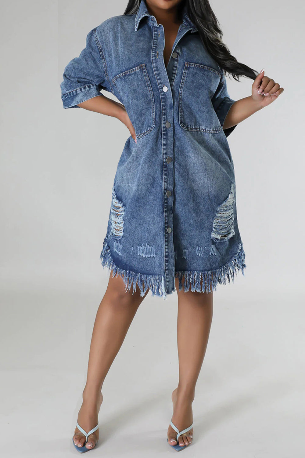 Distressed Raw Hem Button Up Denim Dress-Teresa&#39;s Fashionista LLC