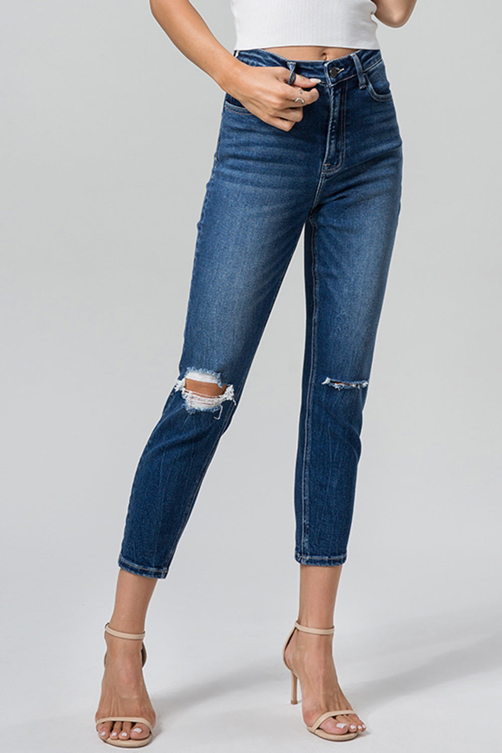 BAYEAS Full Size High Waist Distressed Washed Cropped Mom Jeans-Teresa&#39;s Fashionista LLC