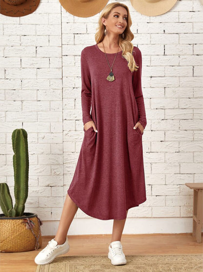 Pocketed Round Neck Long Sleeve Tee Dress-Teresa&#39;s Fashionista LLC