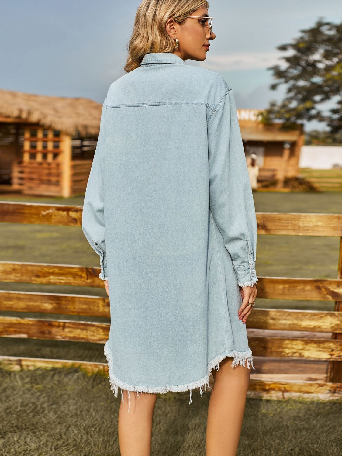 Button Up Collared Neck Raw Hem Denim Dress-Teresa&#39;s Fashionista LLC