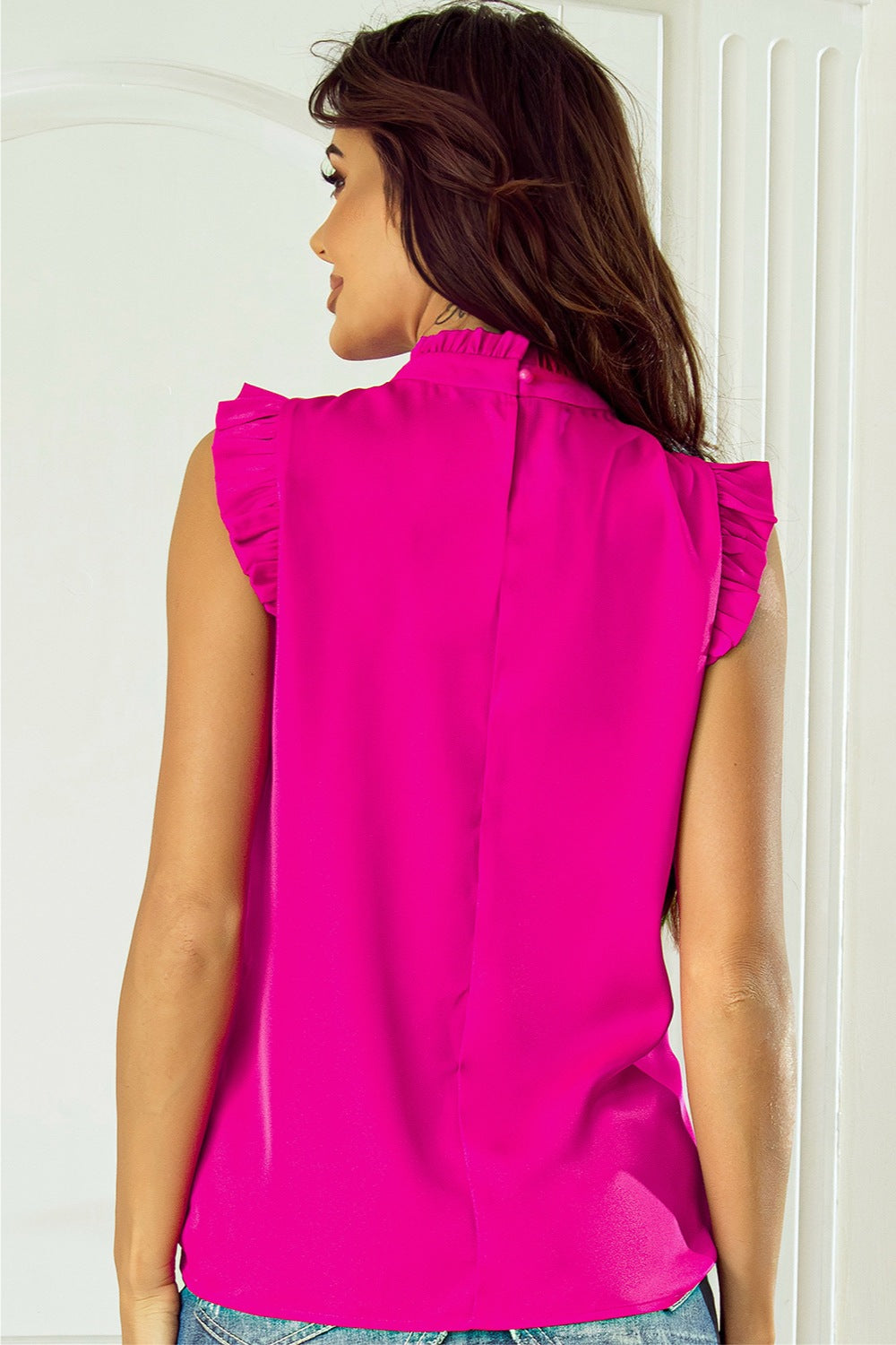 Ruffled Mock Neck Cap Sleeve Blouse-Teresa&#39;s Fashionista LLC