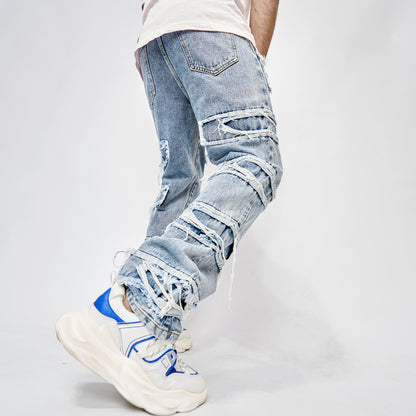 High Street Trousers Man's Pants Full Length Patched Straight Fit Men's Hip Hop Jeans-Teresa&#39;s Fashionista LLC