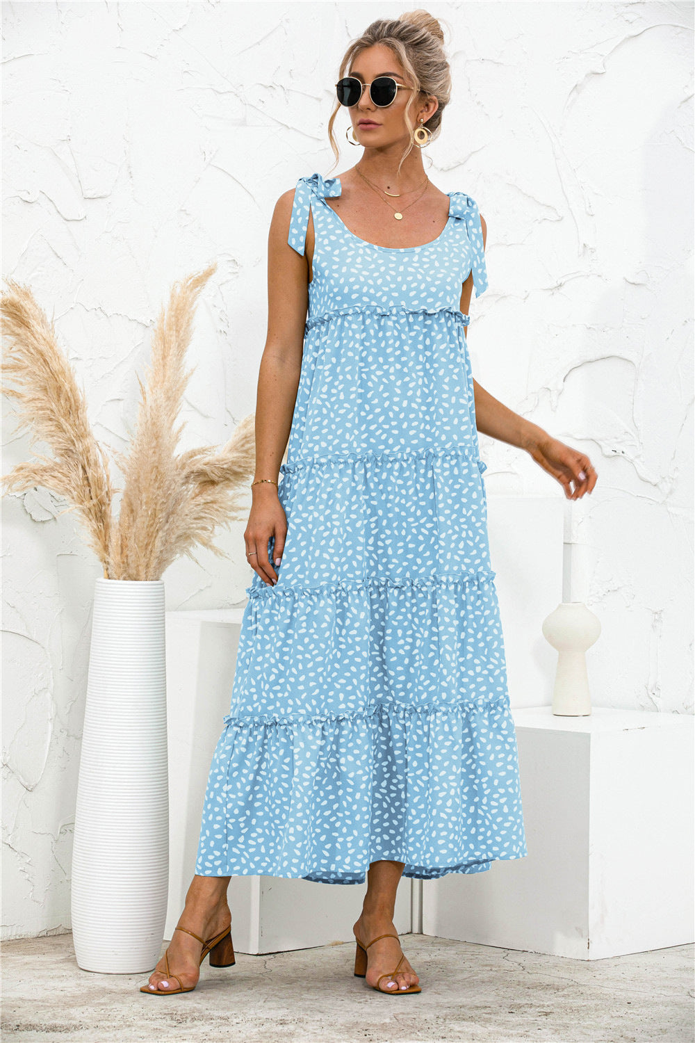 Polka Dot Adjustable Straps Tiered Dress-Teresa&#39;s Fashionista LLC