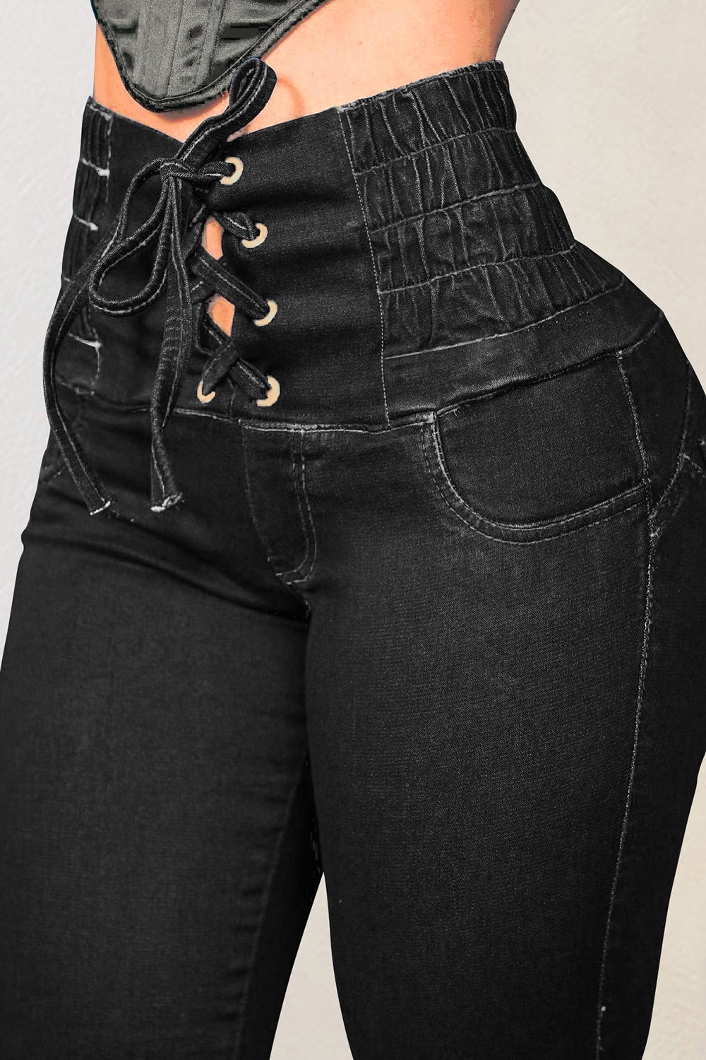 Lace-Up High Waist Jeans with Pockets-Teresa&#39;s Fashionista LLC