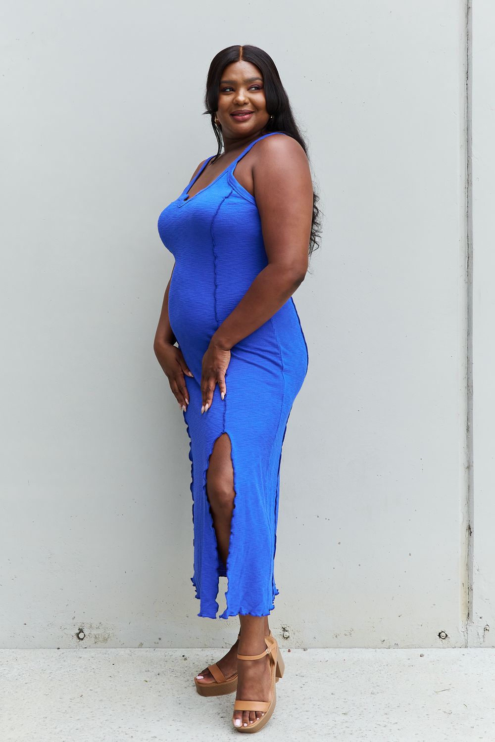 Culture Code Look At Me Full Size Notch Neck Maxi Dress with Slit in Cobalt Blue-Teresa&#39;s Fashionista LLC