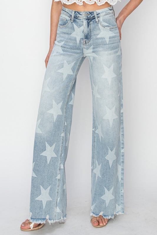 RISEN Full Size Raw Hem Star Wide Leg Jeans-Teresa&#39;s Fashionista LLC