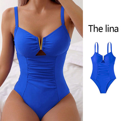 New V-neck Hollow One-piece Bikini Beach Fashion Pleated Belly Slimming Swimsuit Summer Womens Clothing-Teresa&#39;s Fashionista LLC