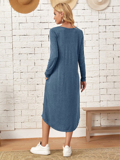 Pocketed Round Neck Long Sleeve Tee Dress-Teresa&#39;s Fashionista LLC