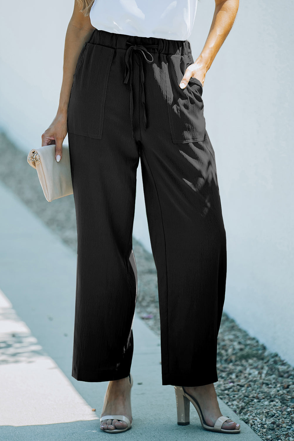 Drawstring Waist Crinkled Wide Leg Pants-Teresa&#39;s Fashionista LLC