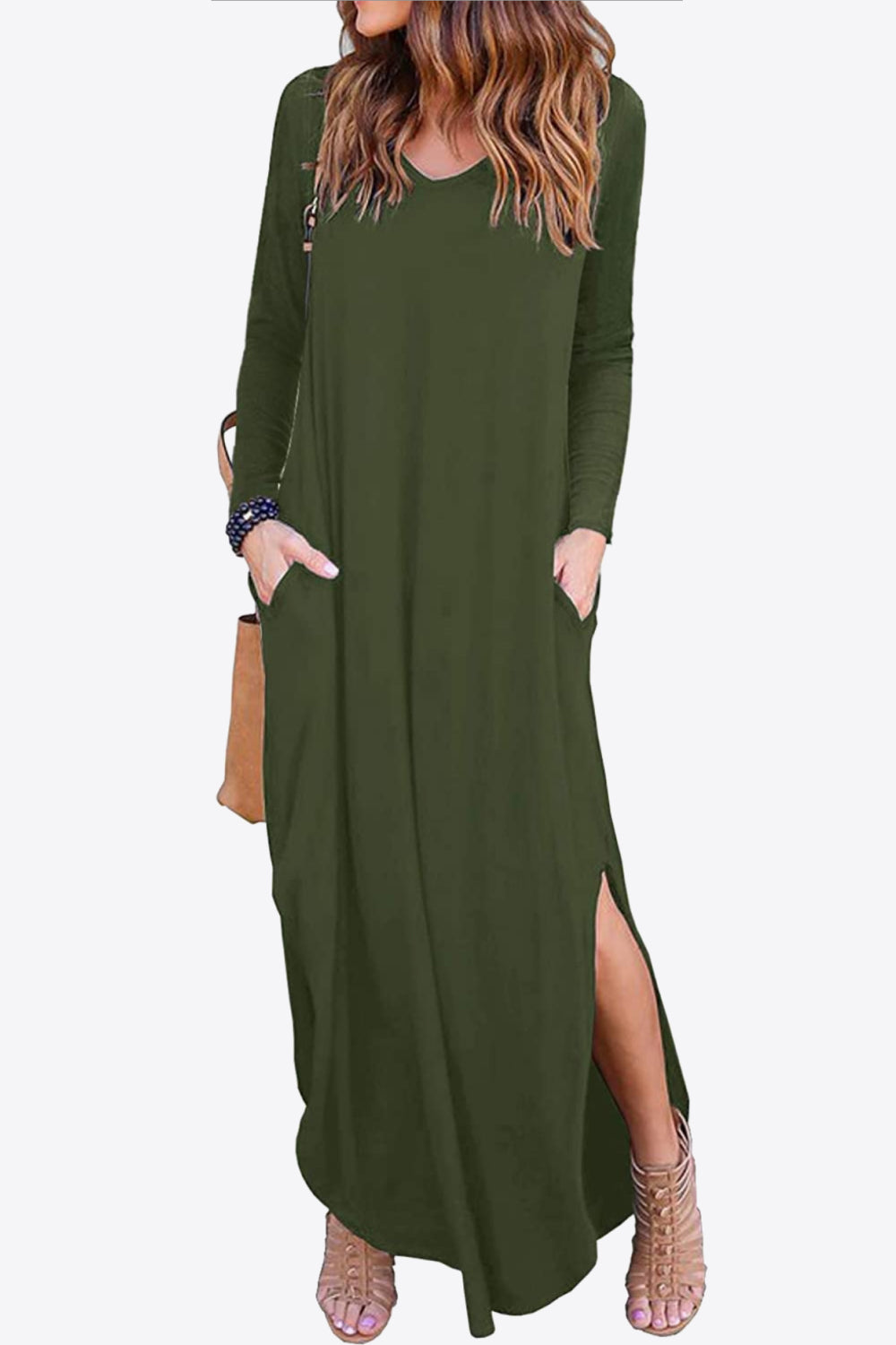 Split Long Sleeve V-Neck Maxi Dress-Teresa&#39;s Fashionista LLC