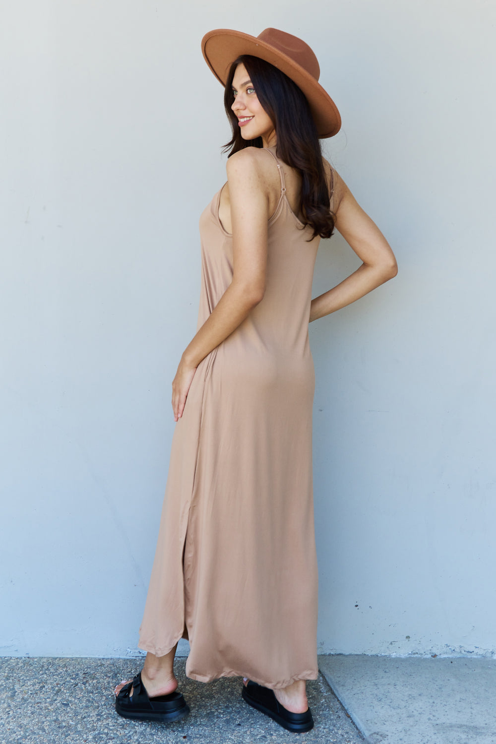 Ninexis Good Energy Full Size Cami Side Slit Maxi Dress in Camel-Teresa&#39;s Fashionista LLC