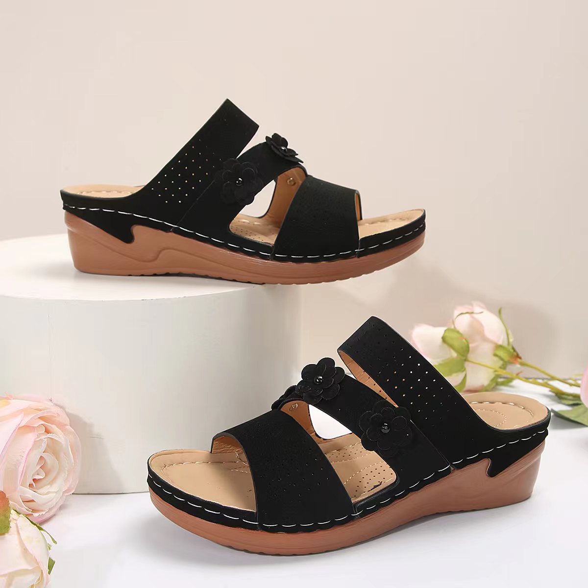 Flower PU Leather Wedge Sandals-Teresa&#39;s Fashionista LLC