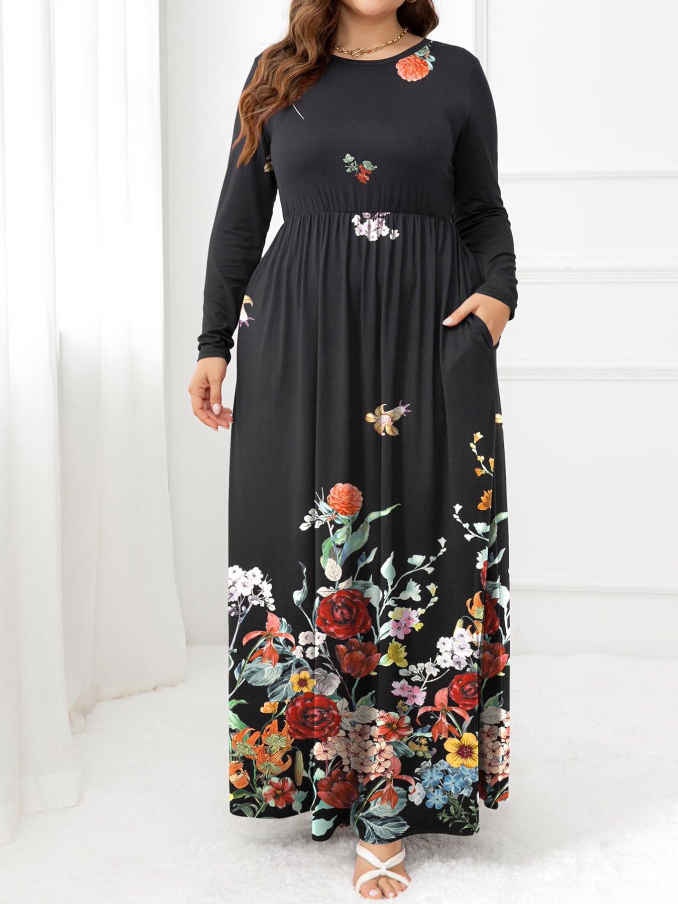 Plus Size Round Neck Maxi Dress with Pockets-Teresa&#39;s Fashionista LLC