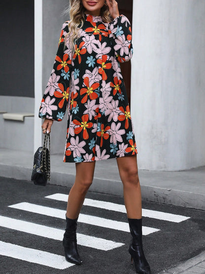 Floral Mock Neck Balloon Sleeve Dress-Teresa&#39;s Fashionista LLC