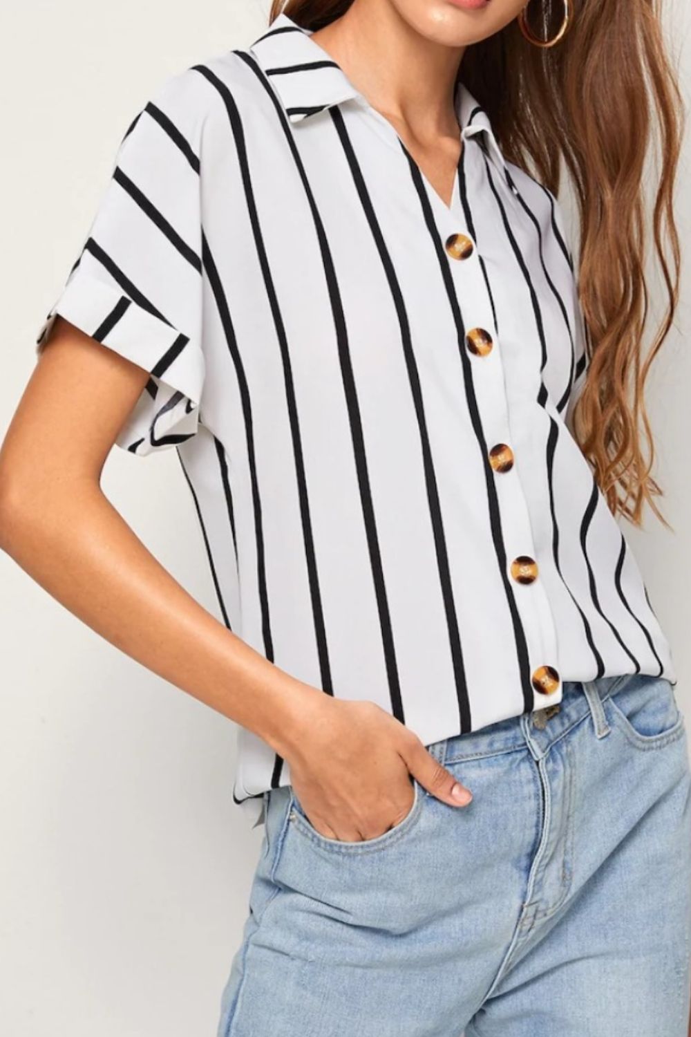 Striped Button Up Short Sleeve Shirt-Teresa&#39;s Fashionista LLC