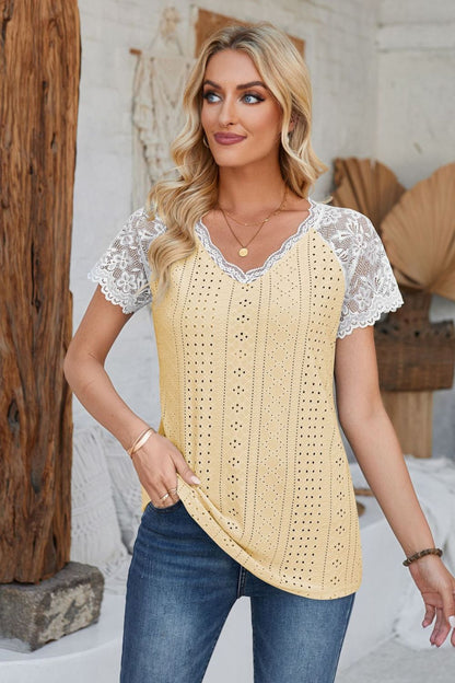 Eyelet V-Neck Lace Short Sleeve T-Shirt-Teresa&#39;s Fashionista LLC