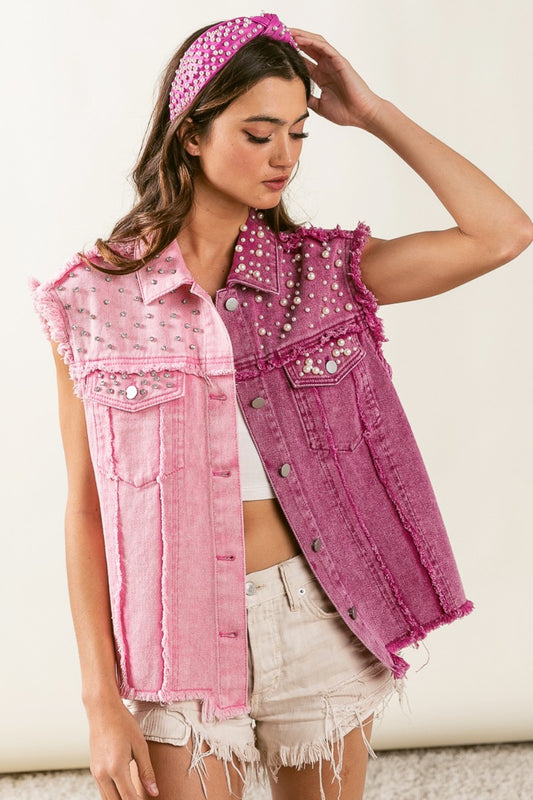 BiBi Pearl & Rhinestone  Decor Contrast Raw Hem Vest Coat - Teresa's Fashionista LLC