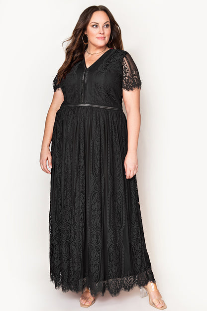 V-Neck Short Sleeve Lace Maxi Dress-Teresa&#39;s Fashionista LLC