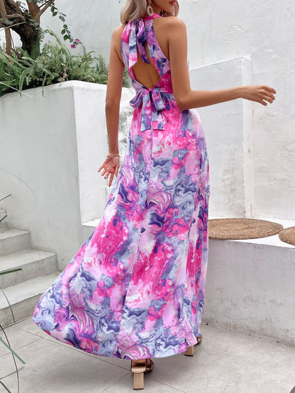 Printed Open Back Slit Sleeveless Dress-Teresa&#39;s Fashionista LLC