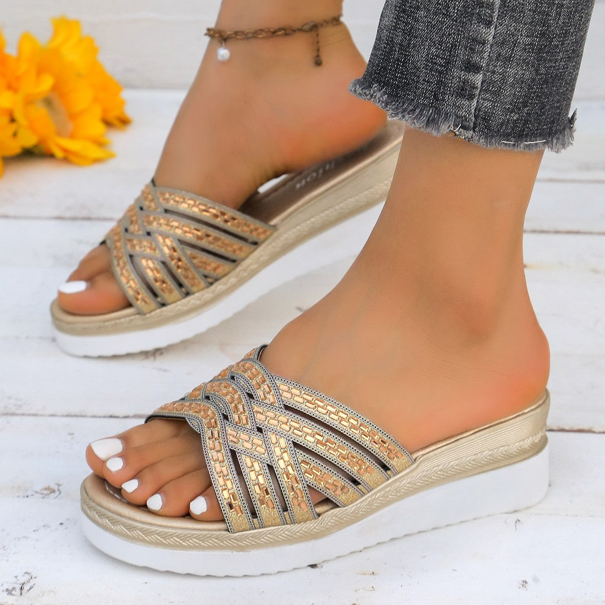 Rhinestone Open Toe Wedge Sandals-Teresa&#39;s Fashionista LLC