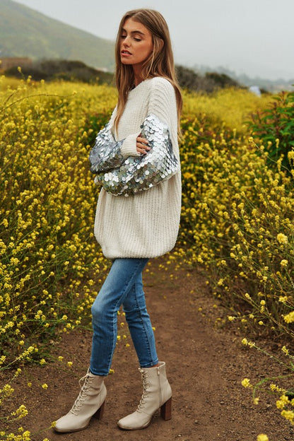 Sequin Sleeve Sweater Knit Tunic Top-Teresa&#39;s Fashionista LLC