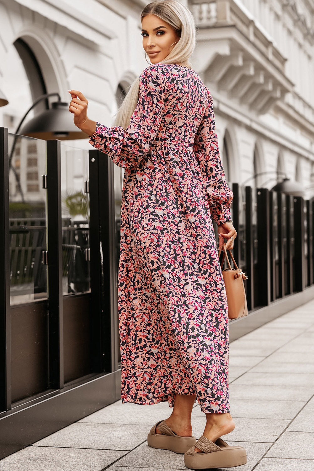 Printed V-Neck Long Sleeve Maxi Dress-Teresa&#39;s Fashionista LLC