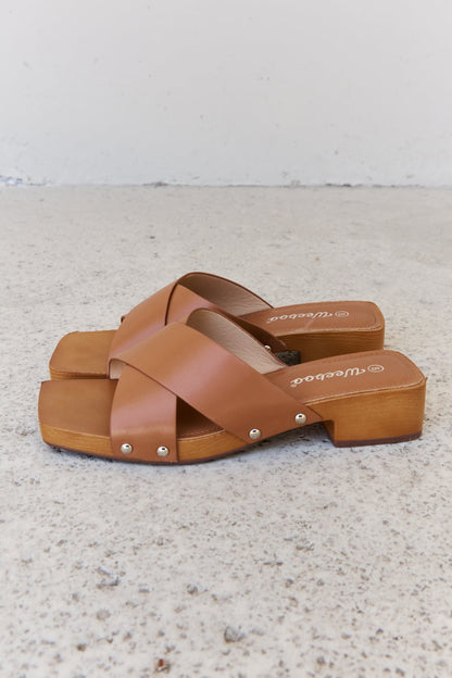 Weeboo Step Into Summer Criss Cross Wooden Clog Mule in Brown-Teresa&#39;s Fashionista LLC