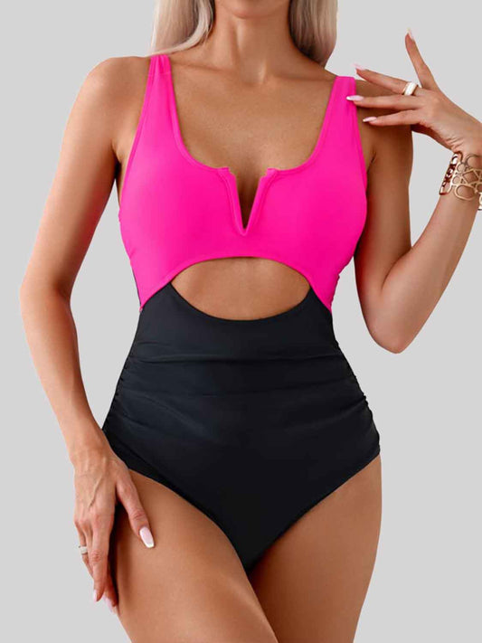 Tied Cutout Contrast One-Piece Swimwear-Teresa&#39;s Fashionista LLC