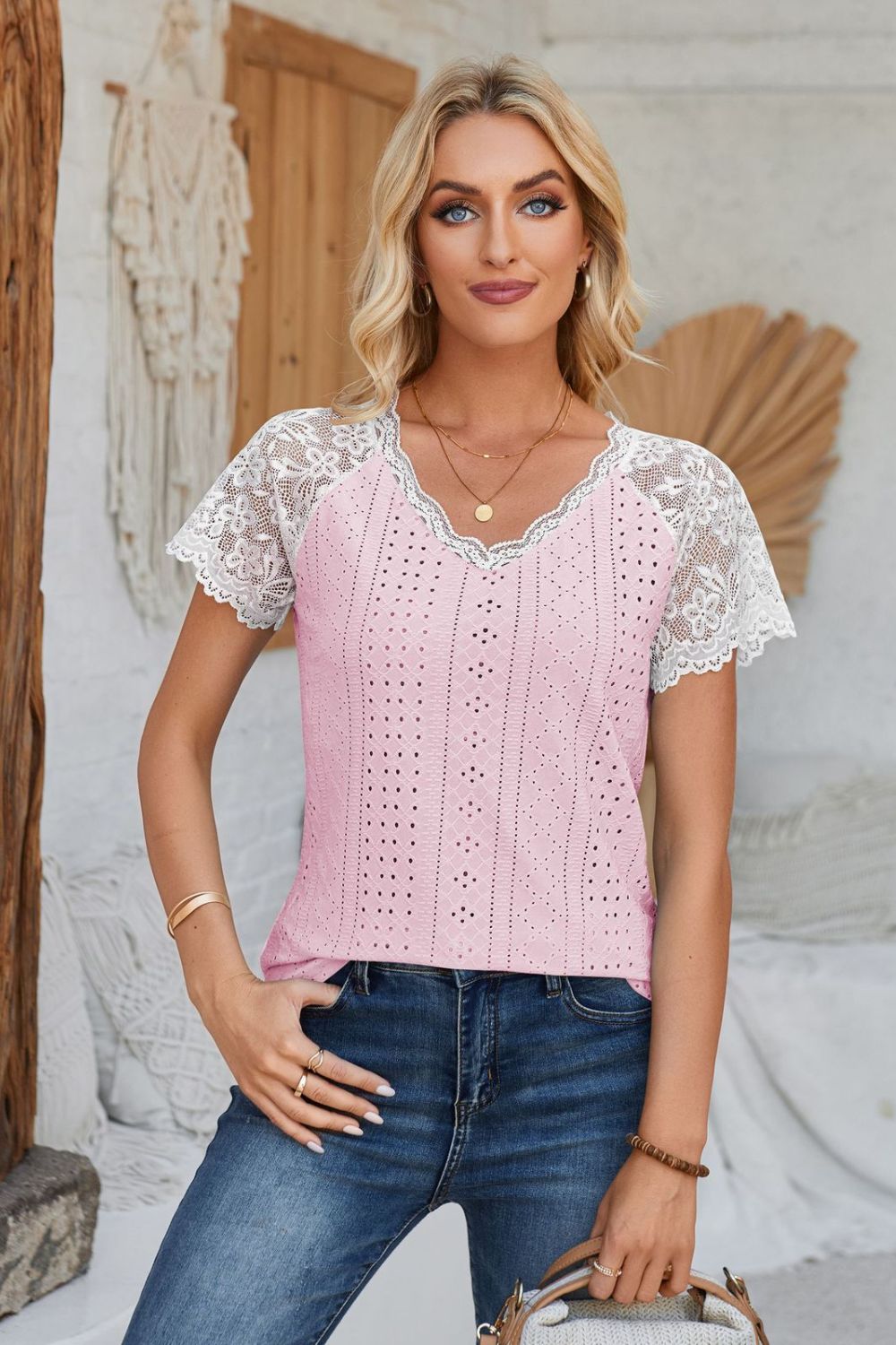 Eyelet V-Neck Lace Short Sleeve T-Shirt-Teresa&#39;s Fashionista LLC