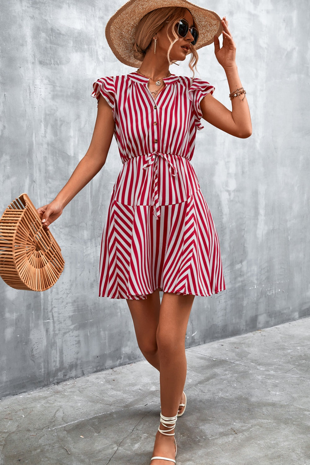 Ruffled Striped Cap Sleeve Mini Dress-Teresa&#39;s Fashionista LLC