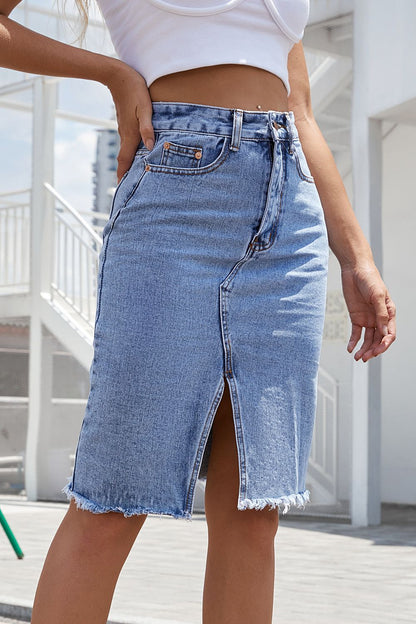 Buttoned Slit Denim Skirt-Teresa&#39;s Fashionista LLC