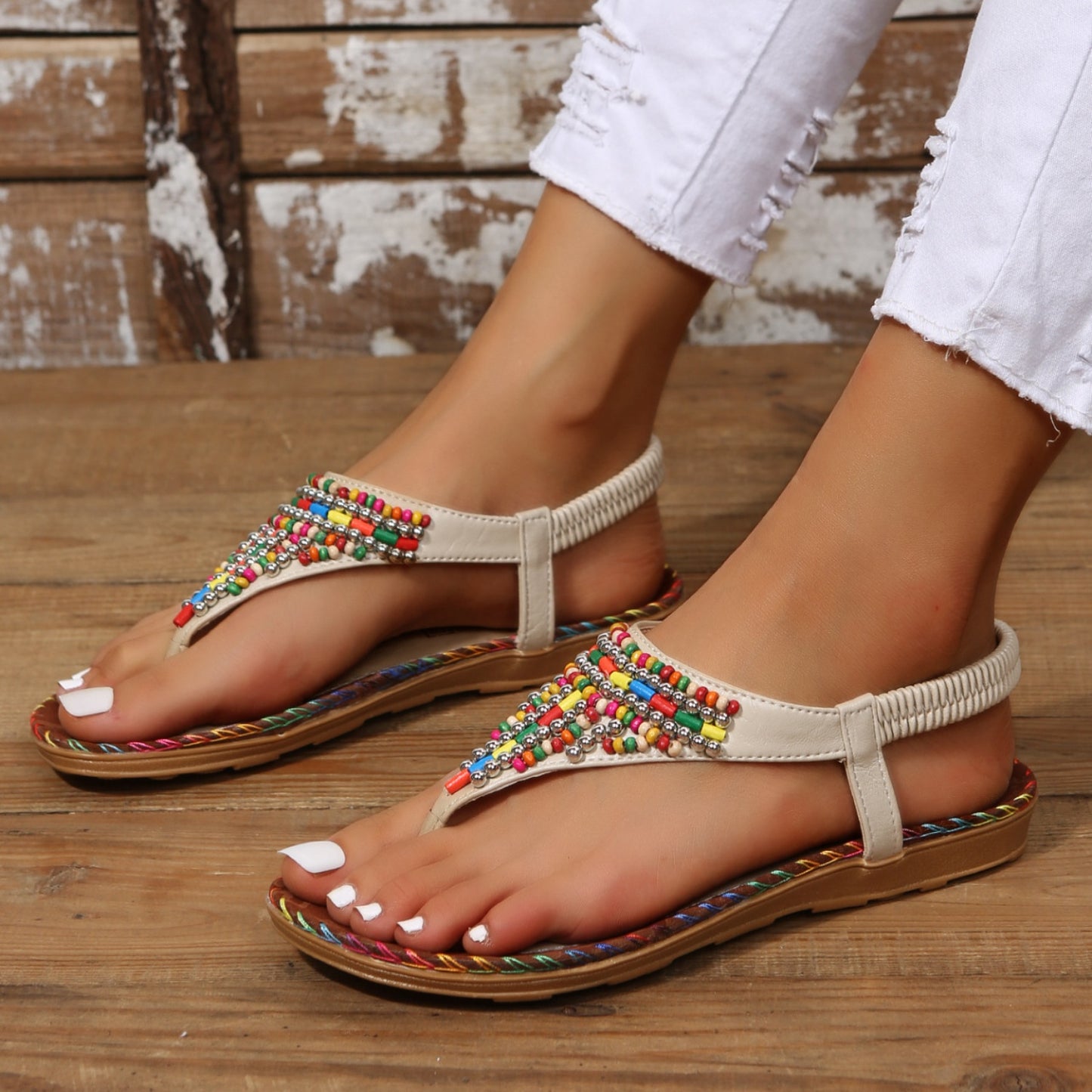 Beaded PU Leather Open Toe Sandals-Teresa&#39;s Fashionista LLC