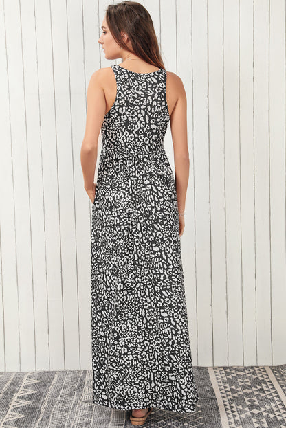 Leopard Round Neck Sleeveless Maxi Dress-Teresa&#39;s Fashionista LLC