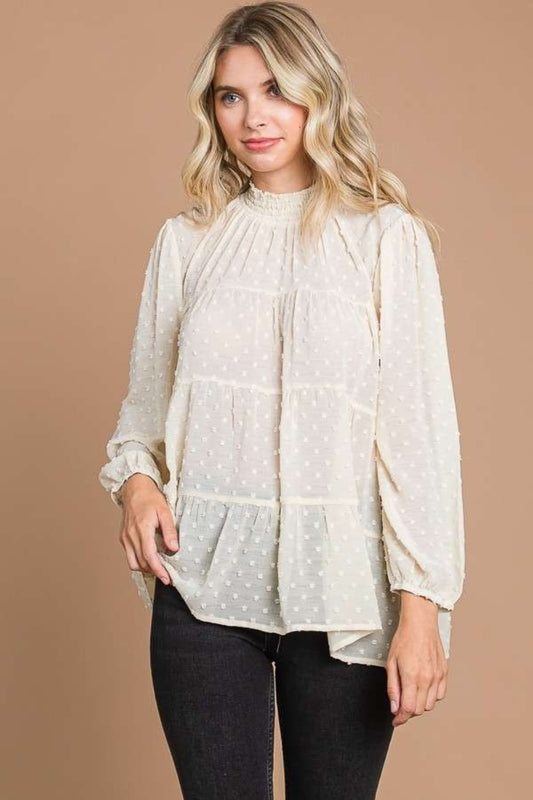 Culture Code Full Size Swiss Dot Smocked Mock Neck Blouse-Teresa&#39;s Fashionista LLC