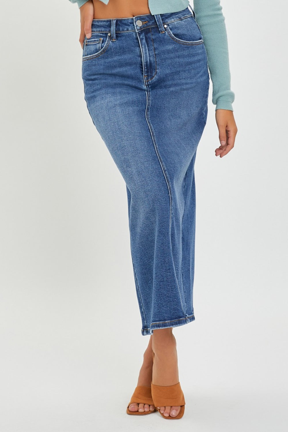 RISEN High Rise Back Slit Denim Skirt-Teresa&#39;s Fashionista LLC