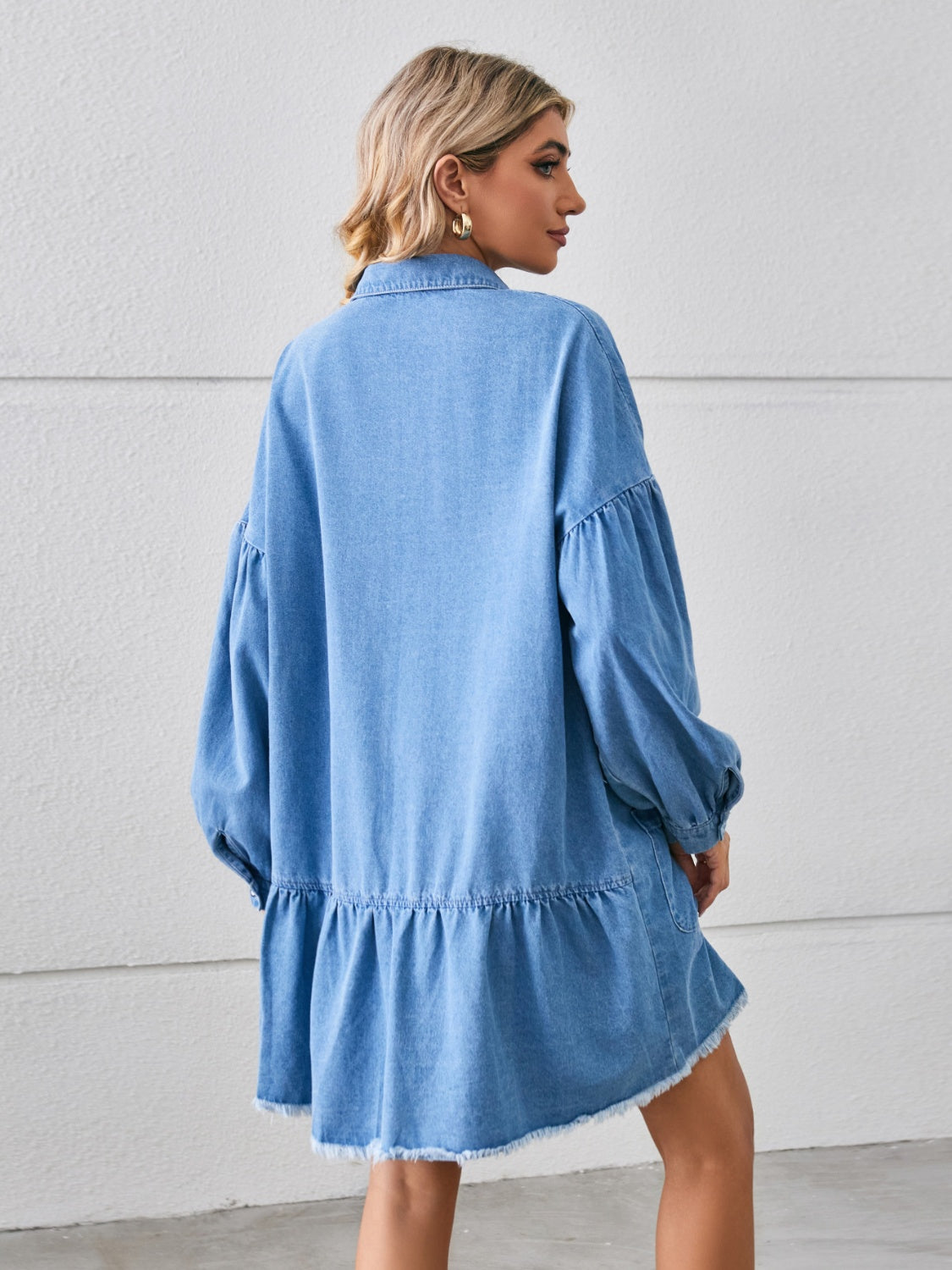 Button Up Pocketed Raw Hem Denim Dress-Teresa&#39;s Fashionista LLC