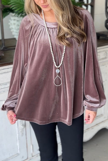 Rose Tan Button Keyhole Back Velvet Swing Top-Teresa&#39;s Fashionista LLC