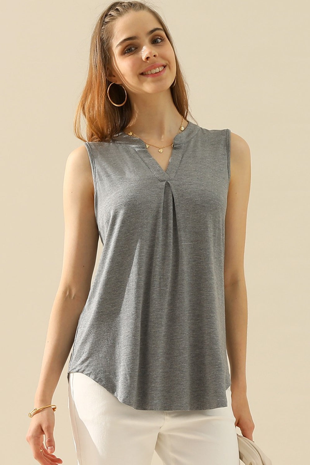 Ninexis Full Size Notched Sleeveless Top-Teresa&#39;s Fashionista LLC