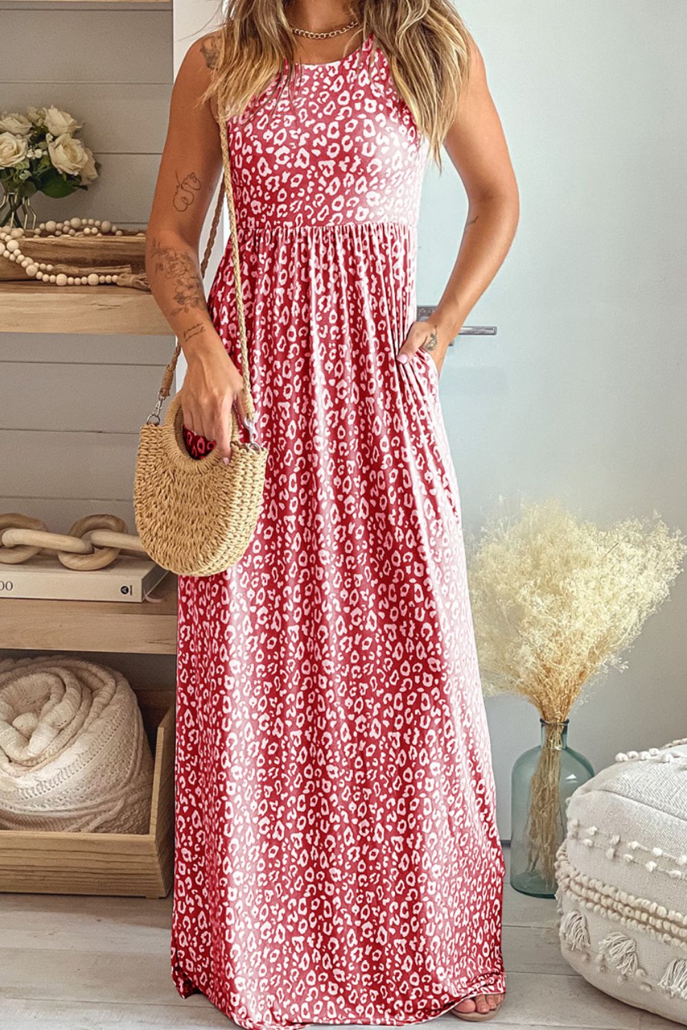 Leopard Round Neck Sleeveless Maxi Dress-Teresa&#39;s Fashionista LLC