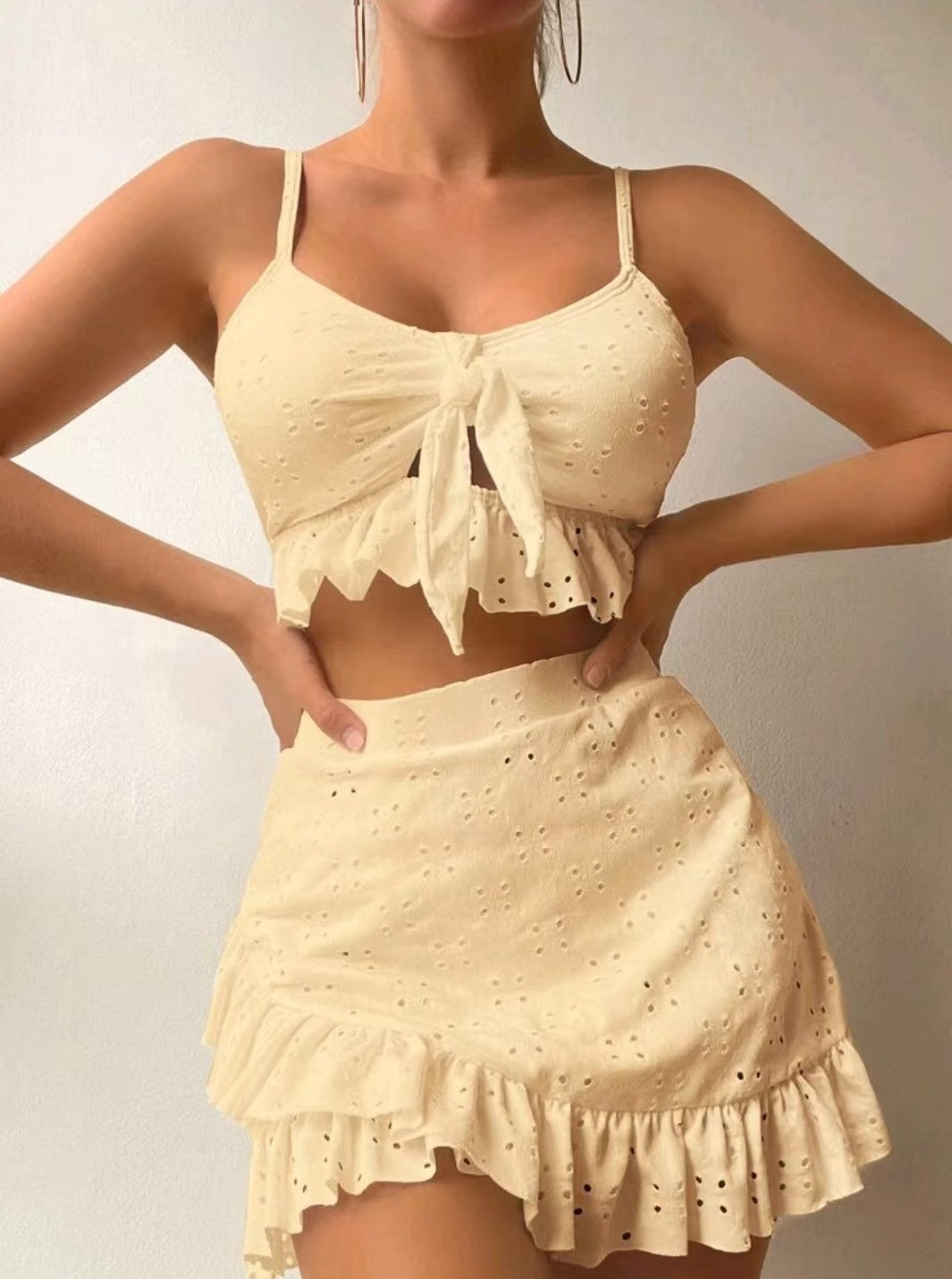 3pcs Beach Bikini With Hip-hugging Skirt Fashion Ruffle Design Swimsuit Set Summer Womens Clothing-Teresa&#39;s Fashionista LLC