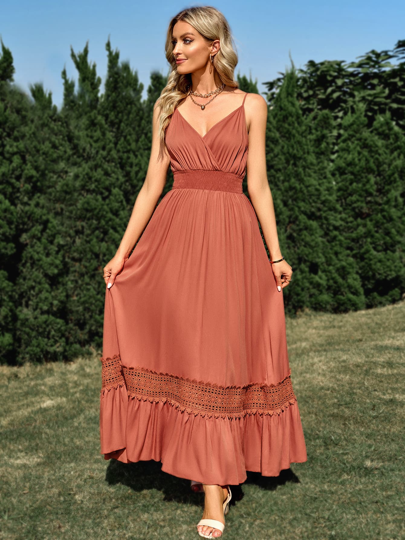 Spaghetti Strap Smocked Waist Spliced Lace Dress-Teresa&#39;s Fashionista LLC