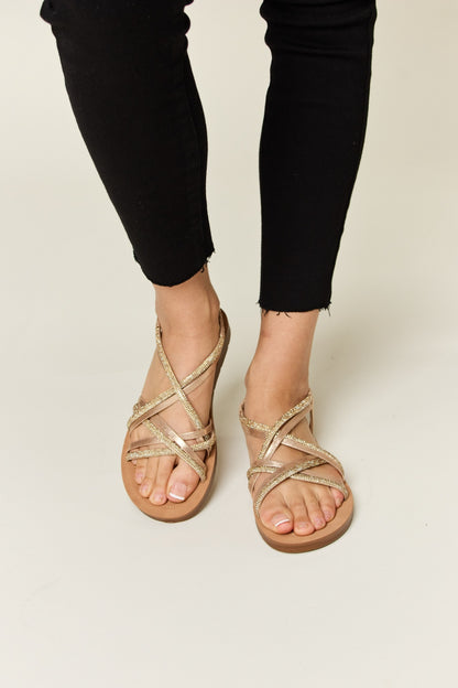 Forever Link Rhinestone Crisscross Flat Sandals-Teresa&#39;s Fashionista LLC