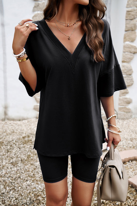 V-Neck Dropped Shoulder Top and Shorts Set-Teresa&#39;s Fashionista LLC