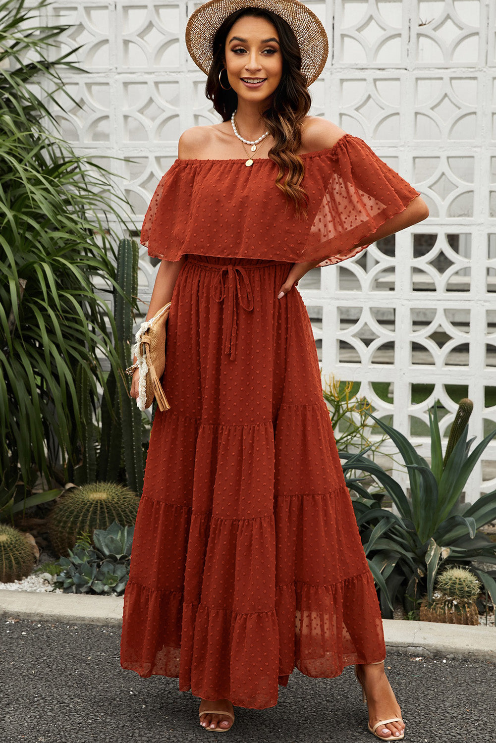 Swiss Dot Off-Shoulder Tiered Maxi Dress-Teresa&#39;s Fashionista LLC