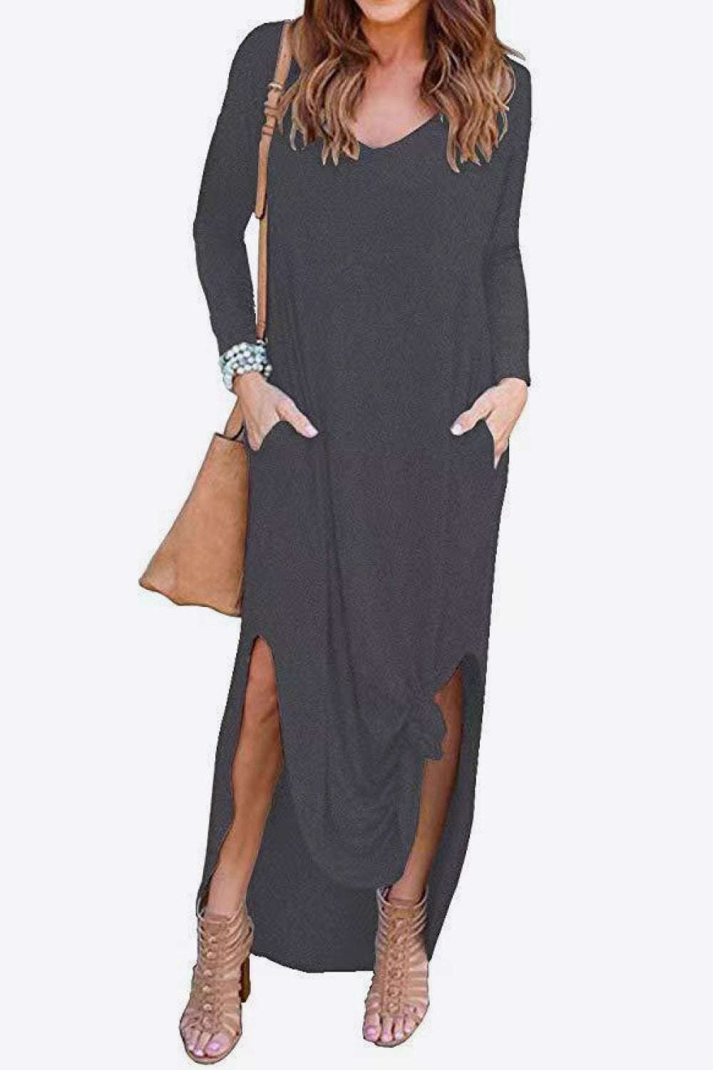 Split Long Sleeve V-Neck Maxi Dress-Teresa&#39;s Fashionista LLC