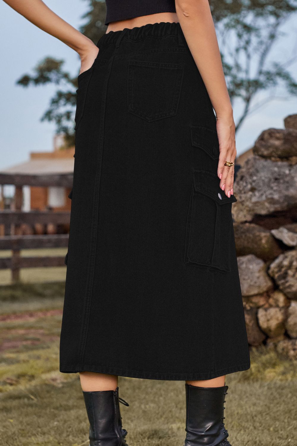 Slit Front Midi Denim Skirt with Pockets-Teresa&#39;s Fashionista LLC