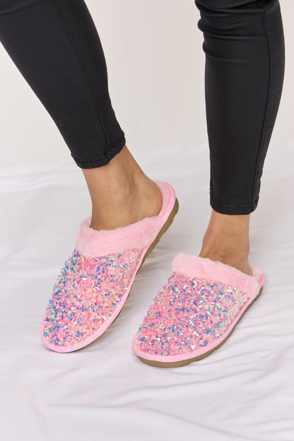 Forever Link Sequin Plush Round Toe Slippers-Teresa&#39;s Fashionista LLC