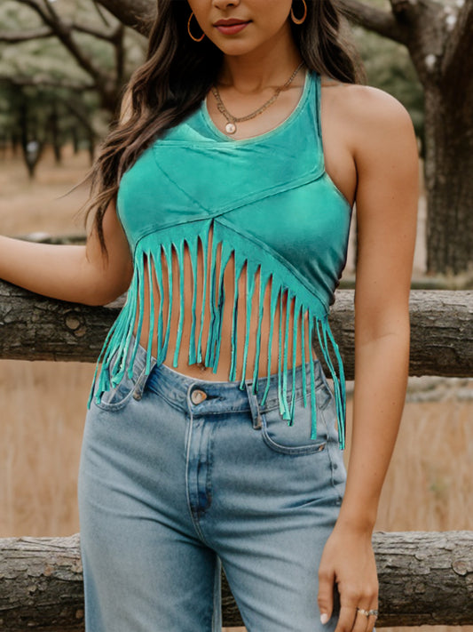 Fringe Halter Neck Tank-Teresa&#39;s Fashionista LLC