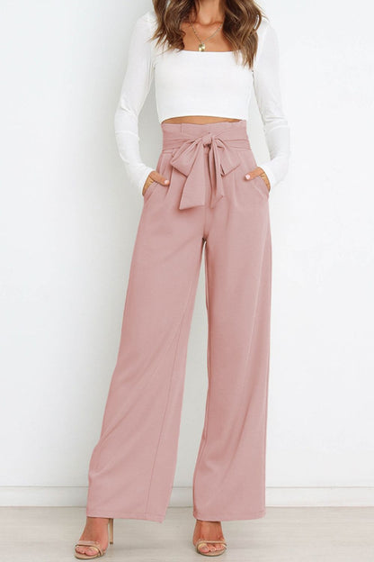 Tie Front Paperbag Wide Leg Pants-Teresa&#39;s Fashionista LLC